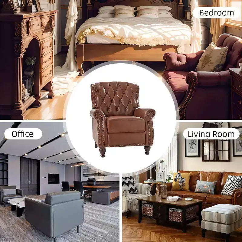 Poltrona reclinabile Justine Transitiona in legno con rivestimento in vera pelle e borchie per soggiorno e camera da letto | ART OF LIVING DESIGNS