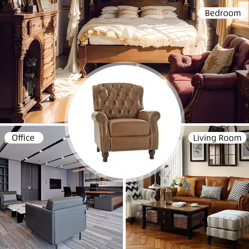Poltrona reclinabile Justine Transitiona in legno con rivestimento in vera pelle e borchie per soggiorno e camera da letto | ART OF LIVING DESIGNS
