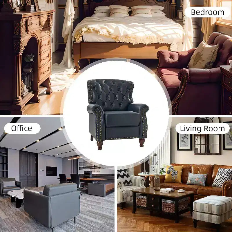 Poltrona reclinabile Justine Transitiona in legno con rivestimento in vera pelle e borchie per soggiorno e camera da letto | ART OF LIVING DESIGNS