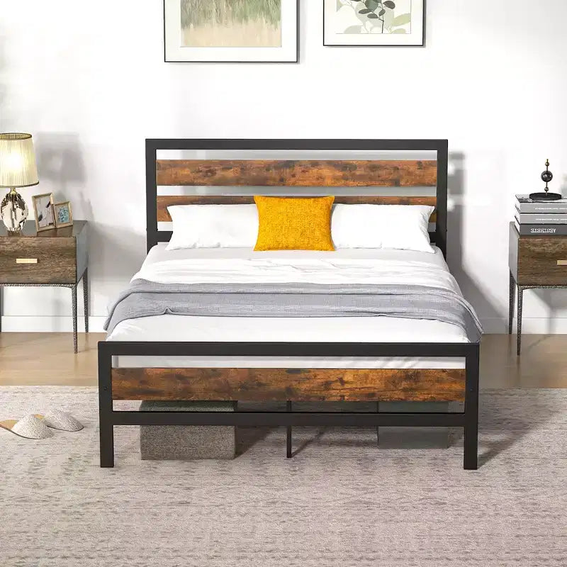 Costway Struttura Letto Matrimoniale/Francese in Metallo Stile Industriale con Testiera Rustica e Rete Integrata