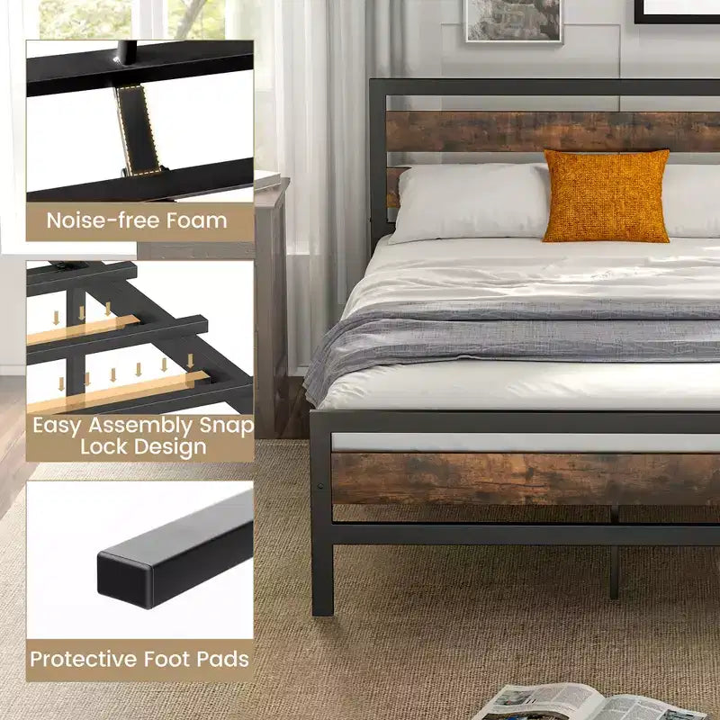 Costway Struttura Letto Matrimoniale/Francese in Metallo Stile Industriale con Testiera Rustica e Rete Integrata