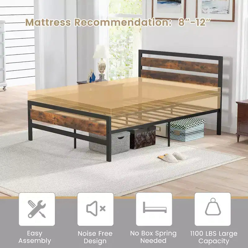 Costway Struttura Letto Matrimoniale/Francese in Metallo Stile Industriale con Testiera Rustica e Rete Integrata