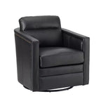 Eulalia 28.74 Wooden Upholstery Wide Genuine Leather Swivel Chair with Swivel Metal Base and Squared Arms| ART OF LIVING DESIGNS-BLACK
