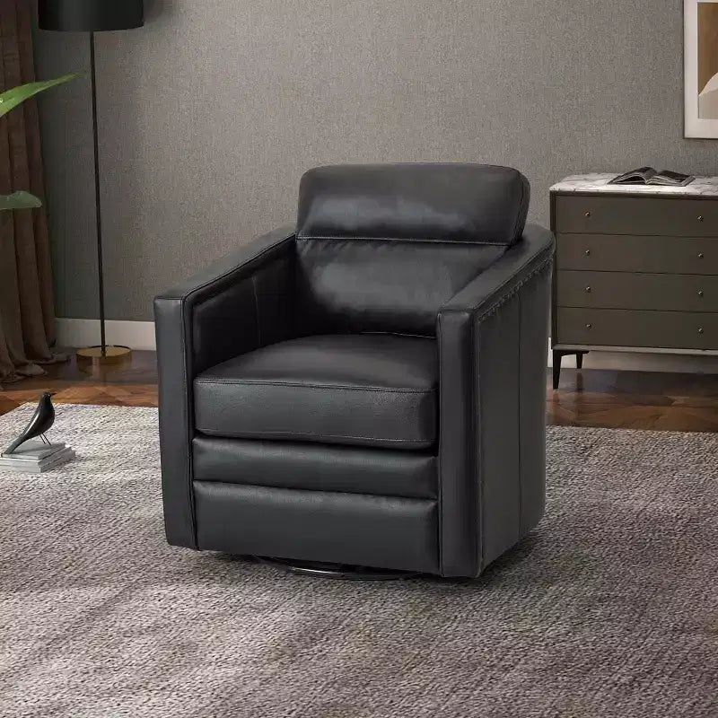 Eulalia 28.74 Poltrona Girevole Larga Imbottita in Legno e Vera Pelle con Base Girevole in Metallo e Braccioli Quadrati | ART OF LIVING DESIGNS-NERO