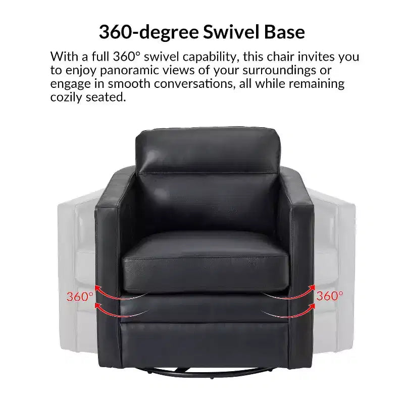 Eulalia 28.74 Poltrona Girevole Larga Imbottita in Legno e Vera Pelle con Base Girevole in Metallo e Braccioli Quadrati | ART OF LIVING DESIGNS-NERO