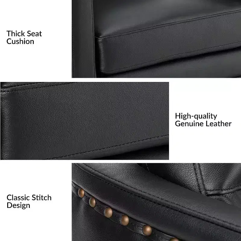 Eulalia 28.74 Poltrona Girevole Larga Imbottita in Legno e Vera Pelle con Base Girevole in Metallo e Braccioli Quadrati | ART OF LIVING DESIGNS-NERO