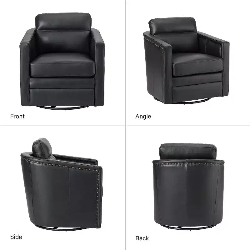 Eulalia 28.74 Poltrona Girevole Larga Imbottita in Legno e Vera Pelle con Base Girevole in Metallo e Braccioli Quadrati | ART OF LIVING DESIGNS-NERO