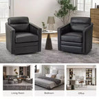 Eulalia 28.74 Poltrona Girevole Larga Imbottita in Legno e Vera Pelle con Base Girevole in Metallo e Braccioli Quadrati | ART OF LIVING DESIGNS-NERO