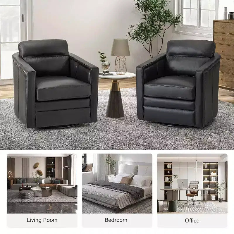 Eulalia 28.74 Poltrona Girevole Larga Imbottita in Legno e Vera Pelle con Base Girevole in Metallo e Braccioli Quadrati | ART OF LIVING DESIGNS-NERO