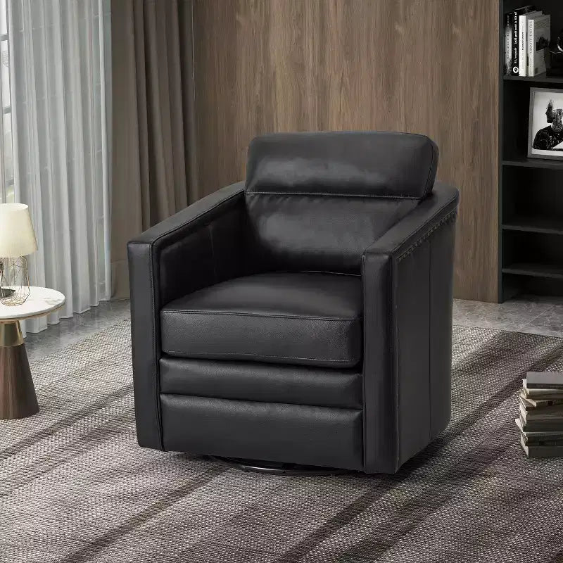 Eulalia 28.74 Poltrona Girevole Larga Imbottita in Legno e Vera Pelle con Base Girevole in Metallo e Braccioli Quadrati | ART OF LIVING DESIGNS-NERO