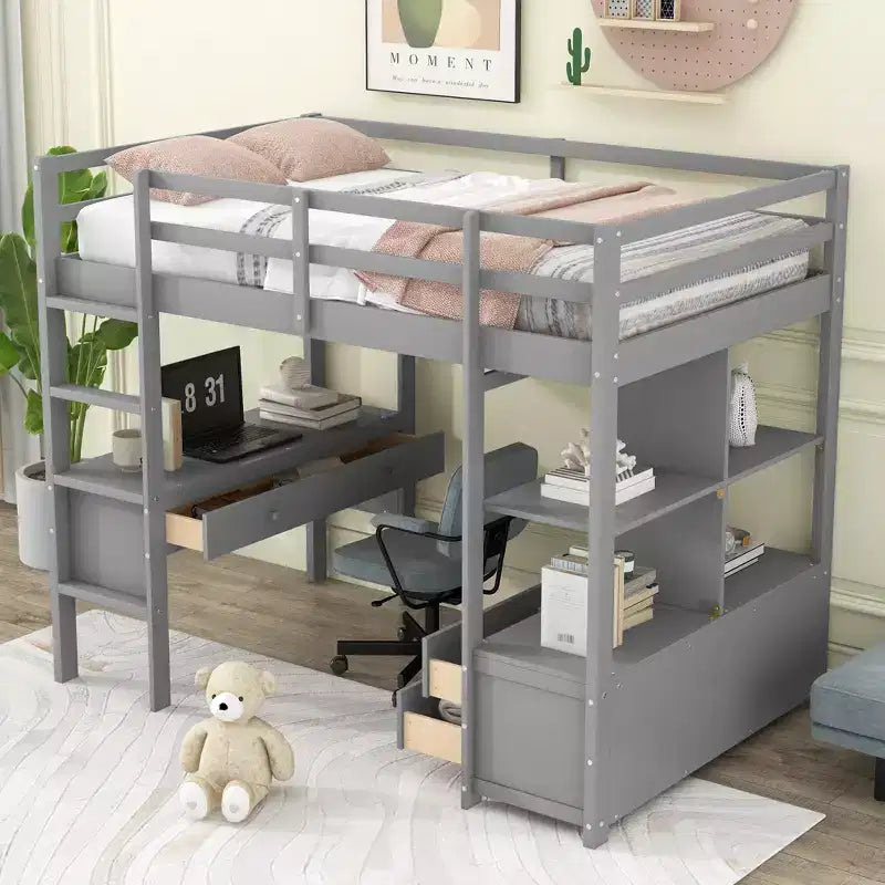 Letto a soppalco con scrivania integrata, mensole e cassetti RE- ModernLuxe