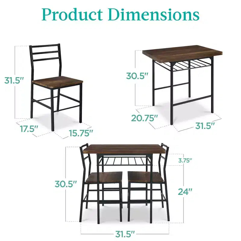 Set da pranzo moderno Best Choice Products a 3 pezzi, tavolo e sedie quadrati con telaio in acciaio, ripiano portaoggetti integrato