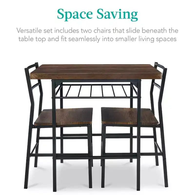Set da pranzo moderno Best Choice Products a 3 pezzi, tavolo e sedie quadrati con telaio in acciaio, ripiano portaoggetti integrato