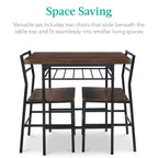 Set da pranzo moderno Best Choice Products a 3 pezzi, tavolo e sedie quadrati con telaio in acciaio, ripiano portaoggetti integrato