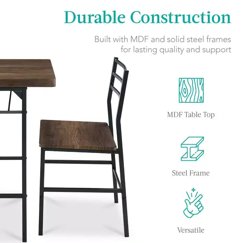 Set da pranzo moderno Best Choice Products a 3 pezzi, tavolo e sedie quadrati con telaio in acciaio, ripiano portaoggetti integrato