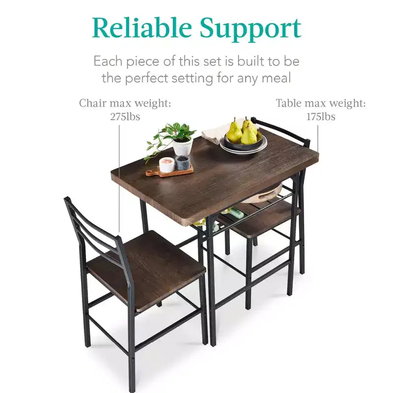 Set da pranzo moderno Best Choice Products a 3 pezzi, tavolo e sedie quadrati con telaio in acciaio, ripiano portaoggetti integrato