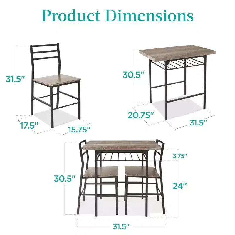 Set da pranzo moderno Best Choice Products a 3 pezzi, tavolo e sedie quadrati con telaio in acciaio, ripiano portaoggetti integrato