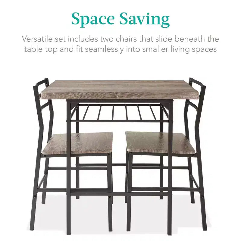 Set da pranzo moderno Best Choice Products a 3 pezzi, tavolo e sedie quadrati con telaio in acciaio, ripiano portaoggetti integrato