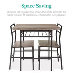 Set da pranzo moderno Best Choice Products a 3 pezzi, tavolo e sedie quadrati con telaio in acciaio, ripiano portaoggetti integrato
