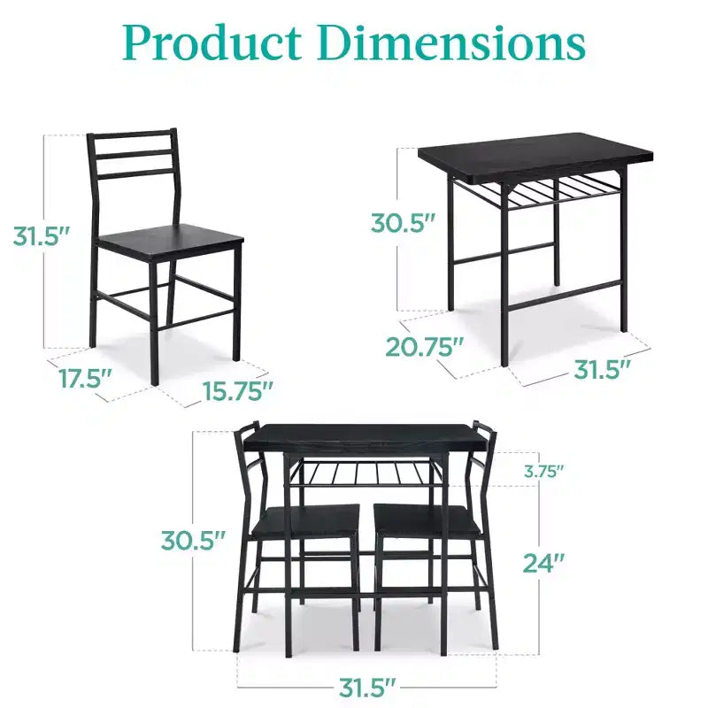 Set da pranzo moderno Best Choice Products a 3 pezzi, tavolo e sedie quadrati con telaio in acciaio, ripiano portaoggetti integrato