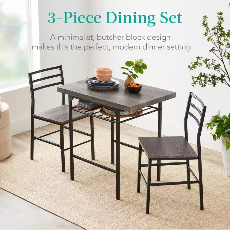 Set da pranzo moderno Best Choice Products a 3 pezzi, tavolo e sedie quadrati con telaio in acciaio, ripiano portaoggetti integrato