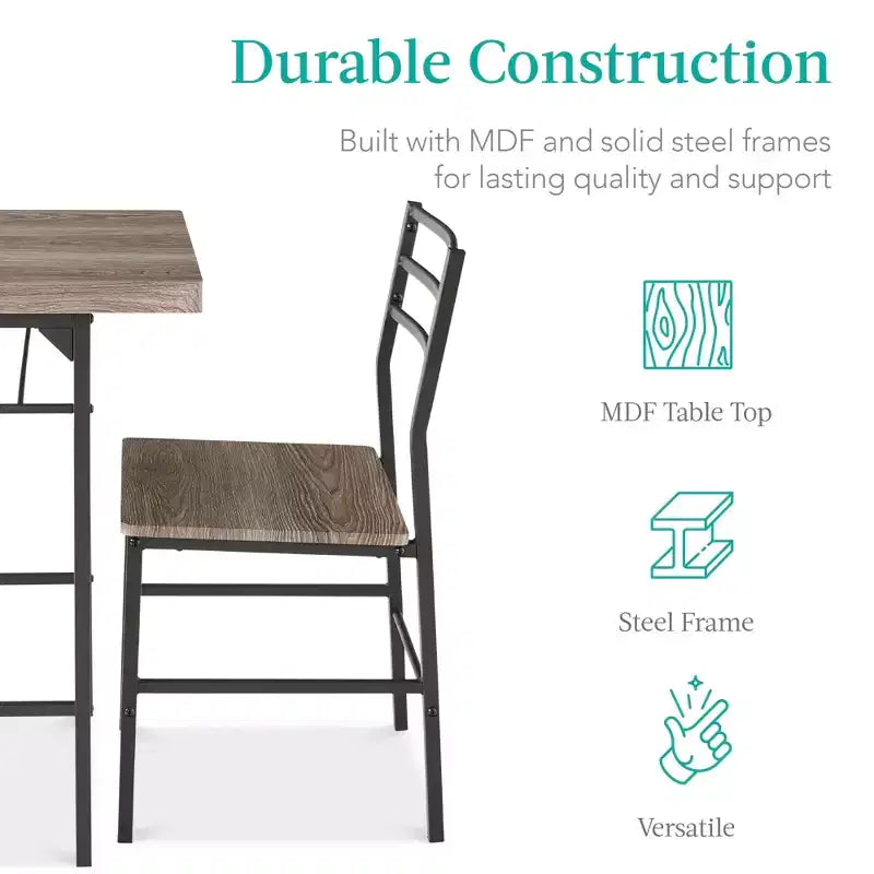 Set da pranzo moderno Best Choice Products a 3 pezzi, tavolo e sedie quadrati con telaio in acciaio, ripiano portaoggetti integrato