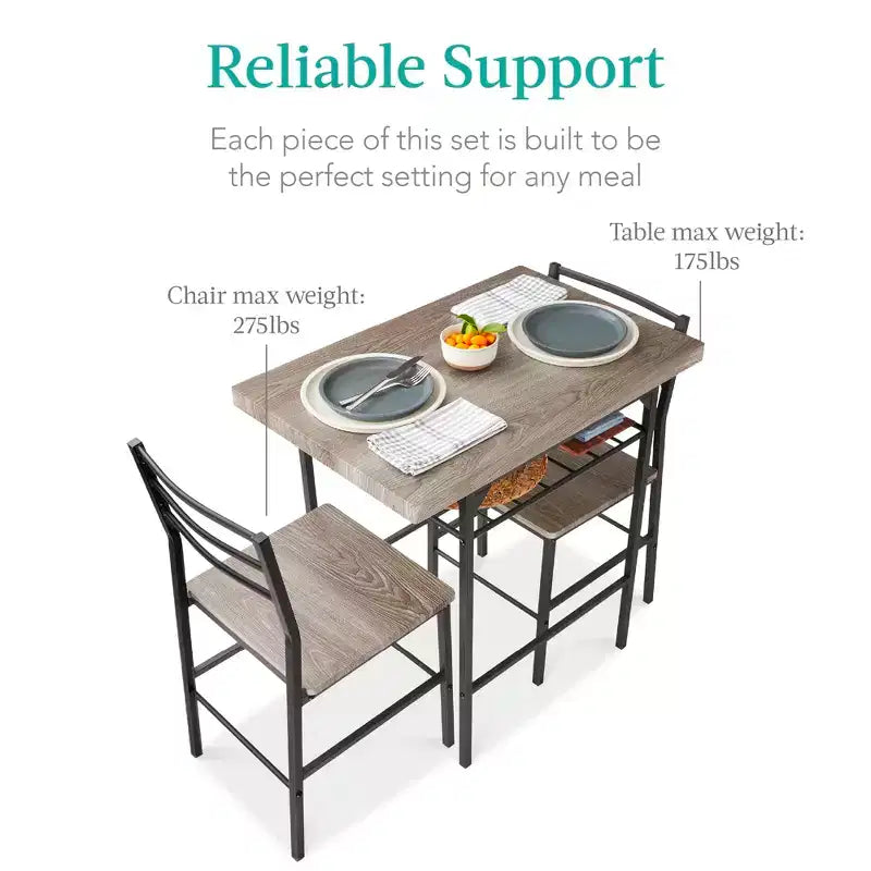 Set da pranzo moderno Best Choice Products a 3 pezzi, tavolo e sedie quadrati con telaio in acciaio, ripiano portaoggetti integrato