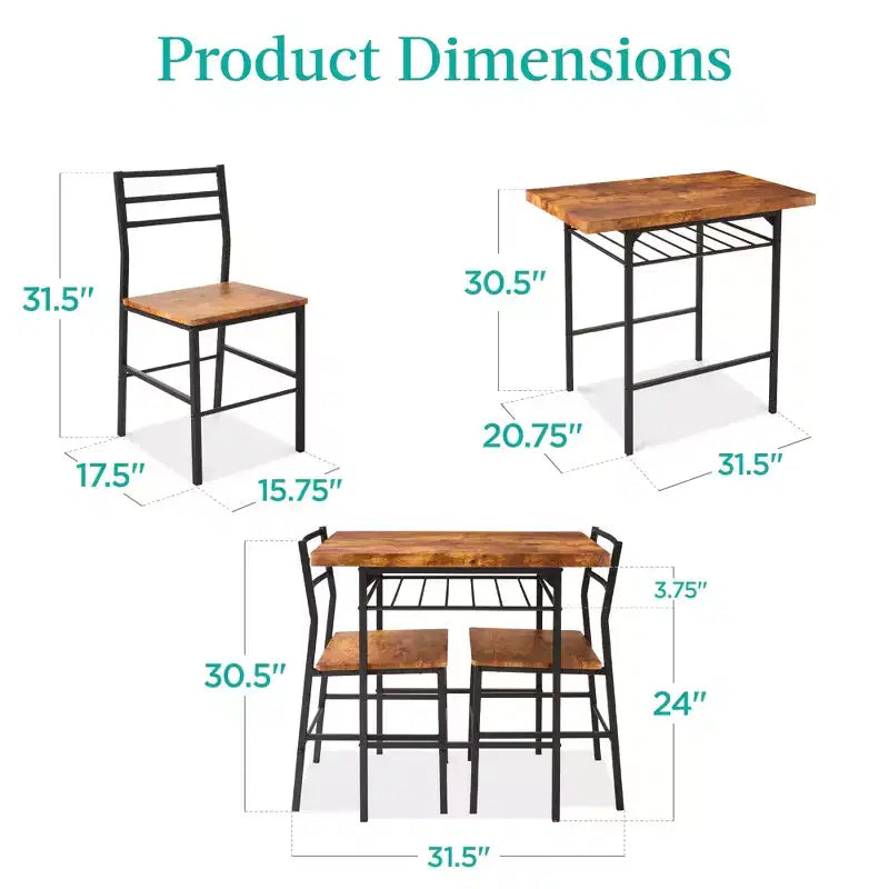 Set da pranzo moderno Best Choice Products a 3 pezzi, tavolo e sedie quadrati con telaio in acciaio, ripiano portaoggetti integrato