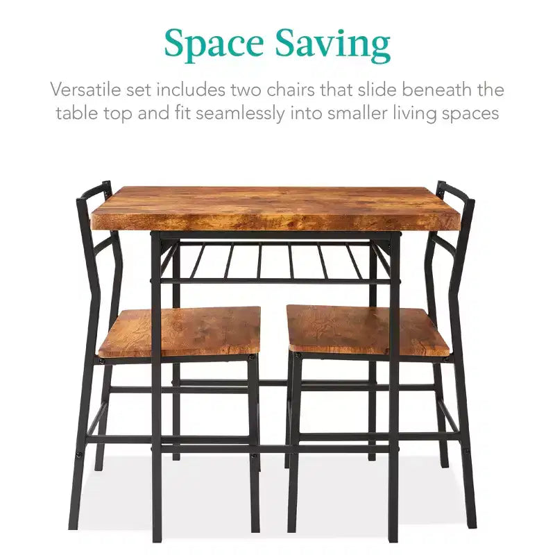 Set da pranzo moderno Best Choice Products a 3 pezzi, tavolo e sedie quadrati con telaio in acciaio, ripiano portaoggetti integrato