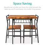 Set da pranzo moderno Best Choice Products a 3 pezzi, tavolo e sedie quadrati con telaio in acciaio, ripiano portaoggetti integrato