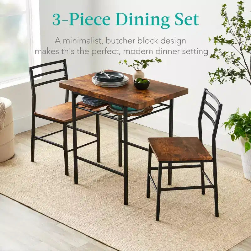 Set da pranzo moderno Best Choice Products a 3 pezzi, tavolo e sedie quadrati con telaio in acciaio, ripiano portaoggetti integrato