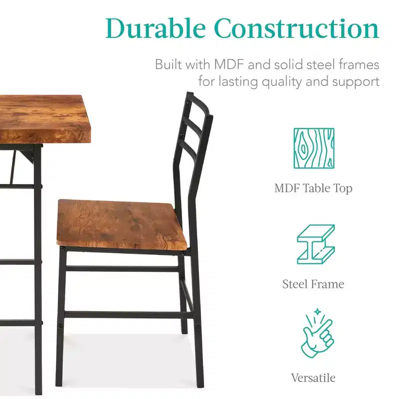Set da pranzo moderno Best Choice Products a 3 pezzi, tavolo e sedie quadrati con telaio in acciaio, ripiano portaoggetti integrato