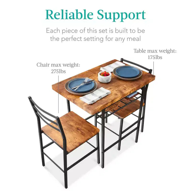Set da pranzo moderno Best Choice Products a 3 pezzi, tavolo e sedie quadrati con telaio in acciaio, ripiano portaoggetti integrato