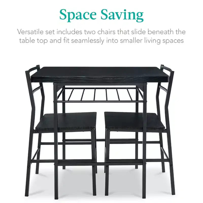 Set da pranzo moderno Best Choice Products a 3 pezzi, tavolo e sedie quadrati con telaio in acciaio, ripiano portaoggetti integrato