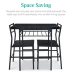 Set da pranzo moderno Best Choice Products a 3 pezzi, tavolo e sedie quadrati con telaio in acciaio, ripiano portaoggetti integrato