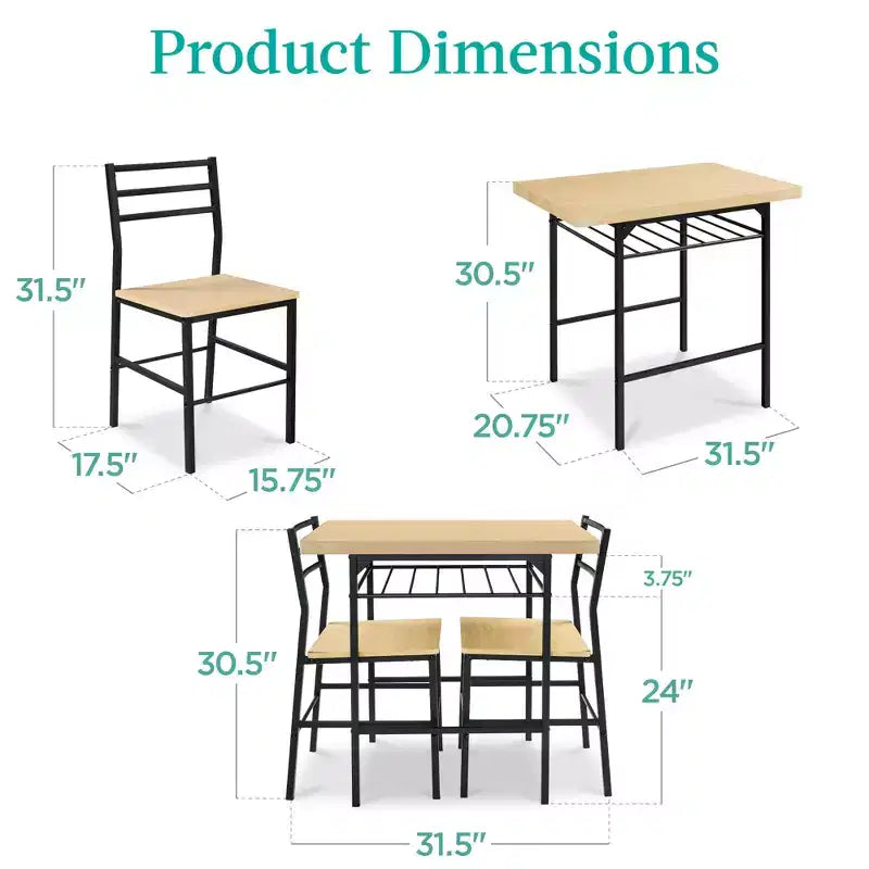 Set da pranzo moderno Best Choice Products a 3 pezzi, tavolo e sedie quadrati con telaio in acciaio, ripiano portaoggetti integrato