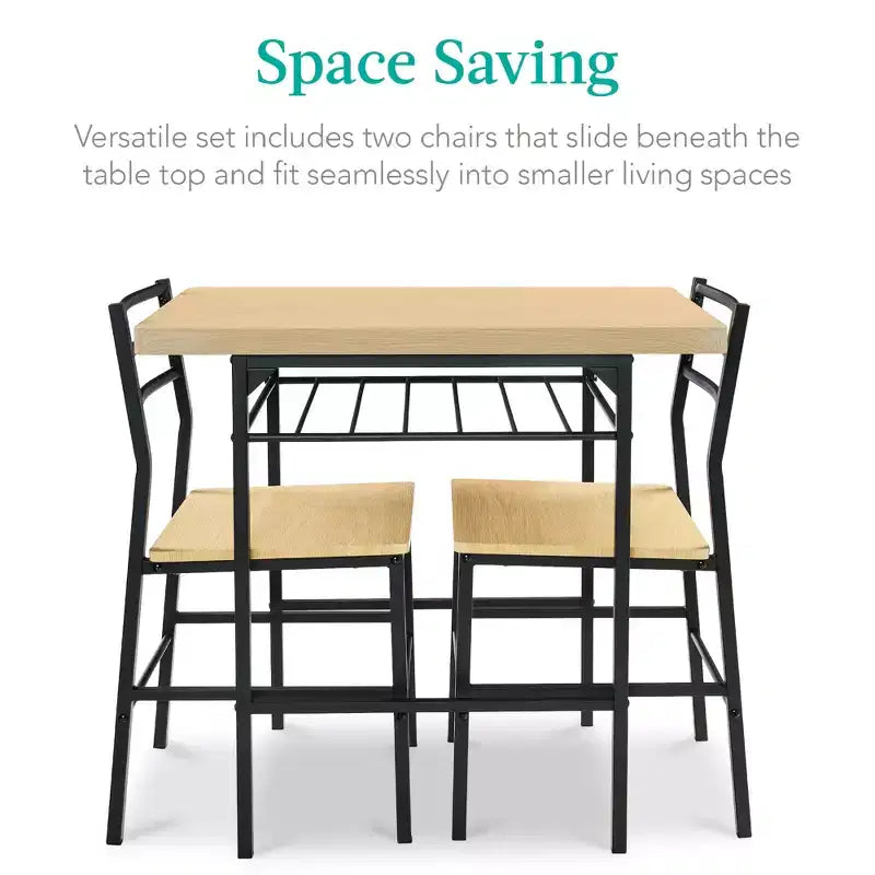 Set da pranzo moderno Best Choice Products a 3 pezzi, tavolo e sedie quadrati con telaio in acciaio, ripiano portaoggetti integrato
