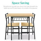 Set da pranzo moderno Best Choice Products a 3 pezzi, tavolo e sedie quadrati con telaio in acciaio, ripiano portaoggetti integrato