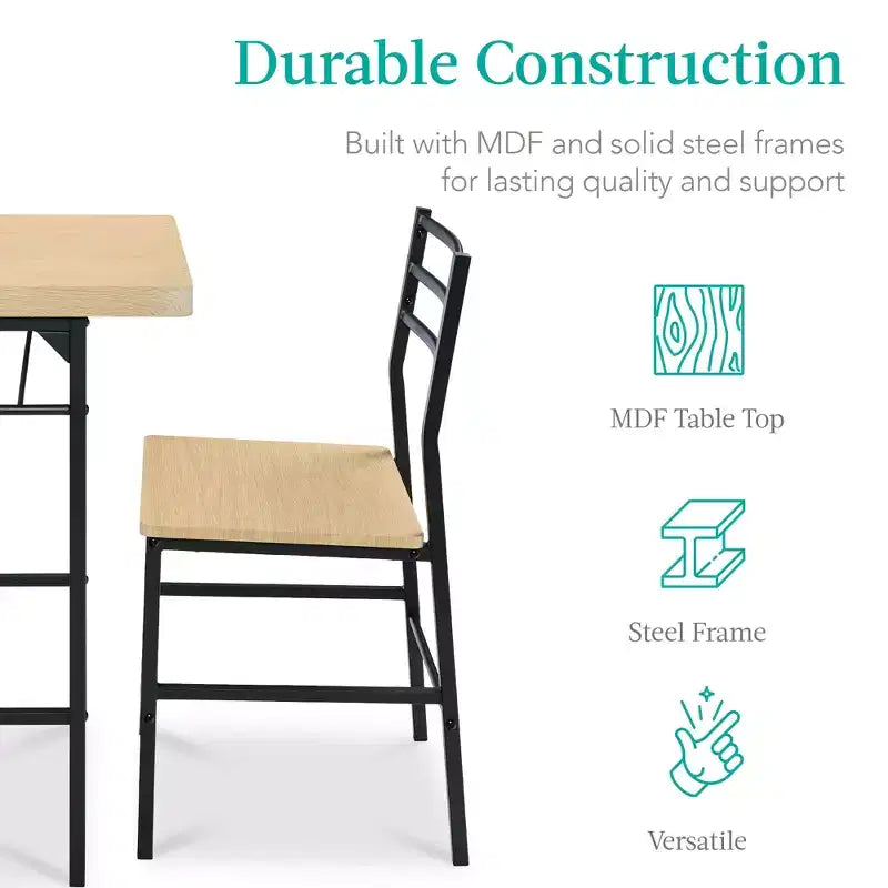Set da pranzo moderno Best Choice Products a 3 pezzi, tavolo e sedie quadrati con telaio in acciaio, ripiano portaoggetti integrato