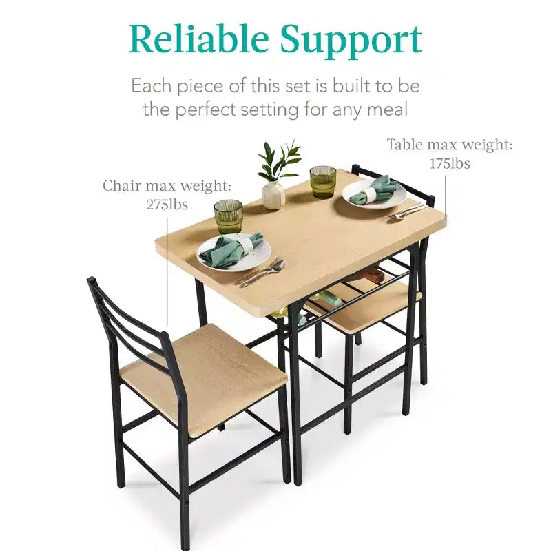 Set da pranzo moderno Best Choice Products a 3 pezzi, tavolo e sedie quadrati con telaio in acciaio, ripiano portaoggetti integrato