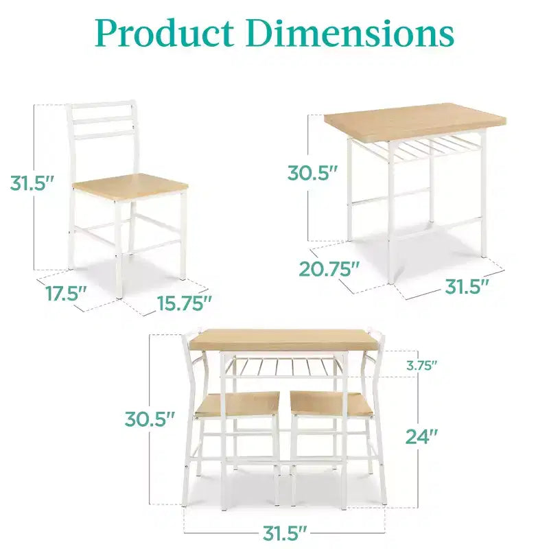 Set da pranzo moderno Best Choice Products a 3 pezzi, tavolo e sedie quadrati con telaio in acciaio, ripiano portaoggetti integrato