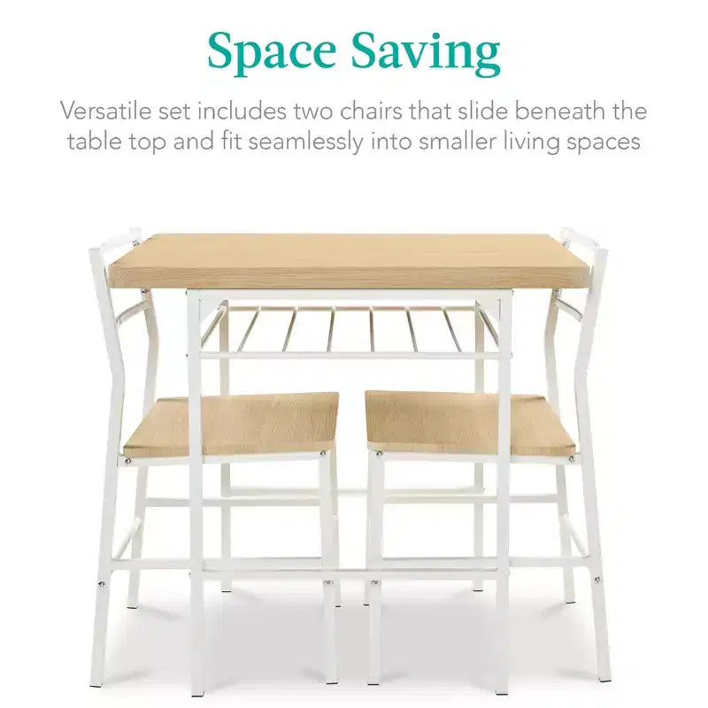 Set da pranzo moderno Best Choice Products a 3 pezzi, tavolo e sedie quadrati con telaio in acciaio, ripiano portaoggetti integrato