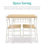 Set da pranzo moderno Best Choice Products a 3 pezzi, tavolo e sedie quadrati con telaio in acciaio, ripiano portaoggetti integrato