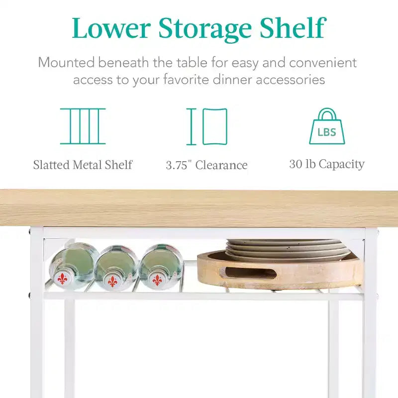 Set da pranzo moderno Best Choice Products a 3 pezzi, tavolo e sedie quadrati con telaio in acciaio, ripiano portaoggetti integrato