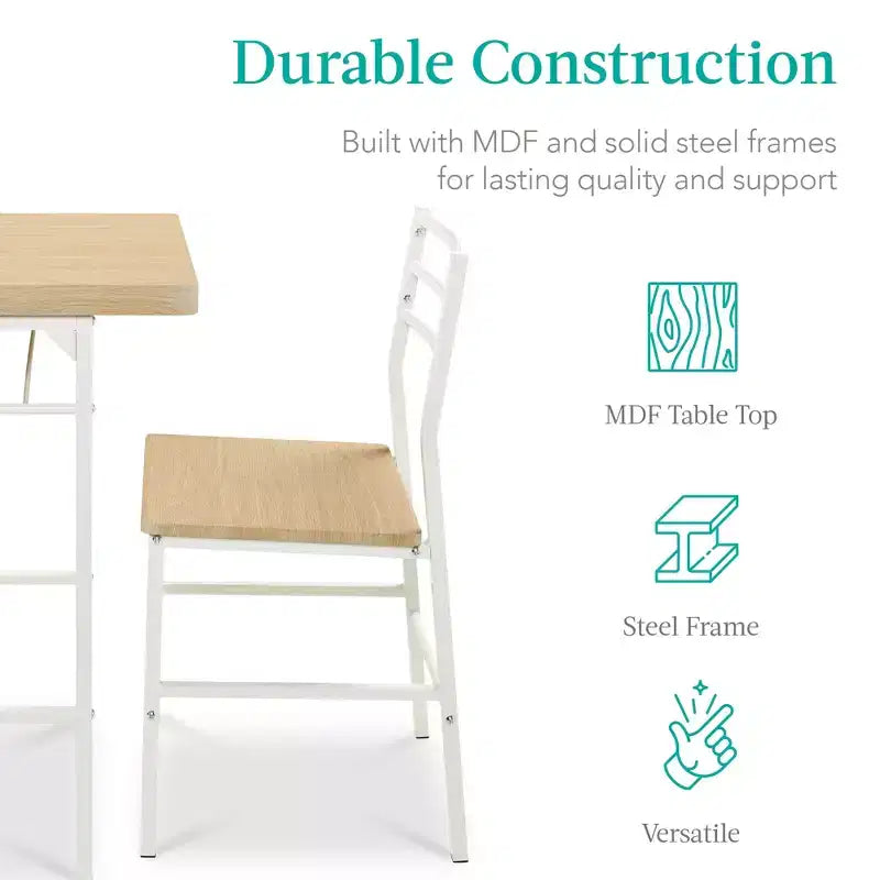 Set da pranzo moderno Best Choice Products a 3 pezzi, tavolo e sedie quadrati con telaio in acciaio, ripiano portaoggetti integrato
