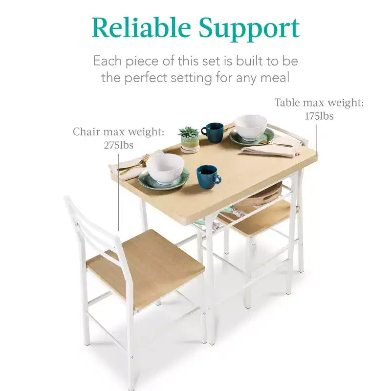 Set da pranzo moderno Best Choice Products a 3 pezzi, tavolo e sedie quadrati con telaio in acciaio, ripiano portaoggetti integrato