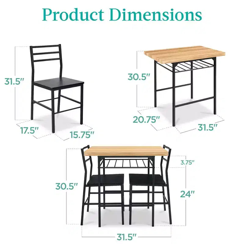 Set da pranzo moderno Best Choice Products a 3 pezzi, tavolo e sedie quadrati con telaio in acciaio, ripiano portaoggetti integrato