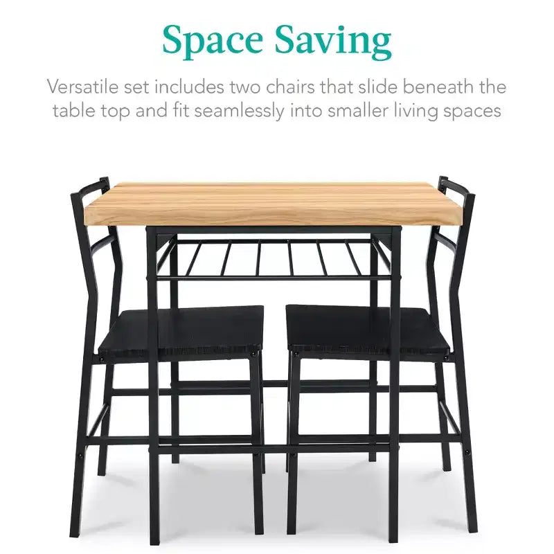 Set da pranzo moderno Best Choice Products a 3 pezzi, tavolo e sedie quadrati con telaio in acciaio, ripiano portaoggetti integrato