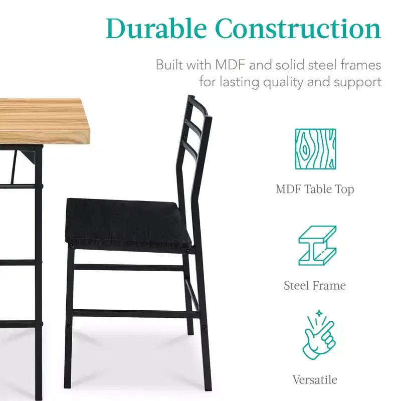 Set da pranzo moderno Best Choice Products a 3 pezzi, tavolo e sedie quadrati con telaio in acciaio, ripiano portaoggetti integrato