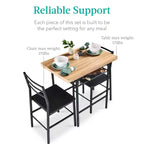 Set da pranzo moderno Best Choice Products a 3 pezzi, tavolo e sedie quadrati con telaio in acciaio, ripiano portaoggetti integrato